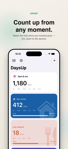 DaysUp home screen listing trackers such as Sam & me at 1,180 days, a new home at 412 days and last takeout at 18 days